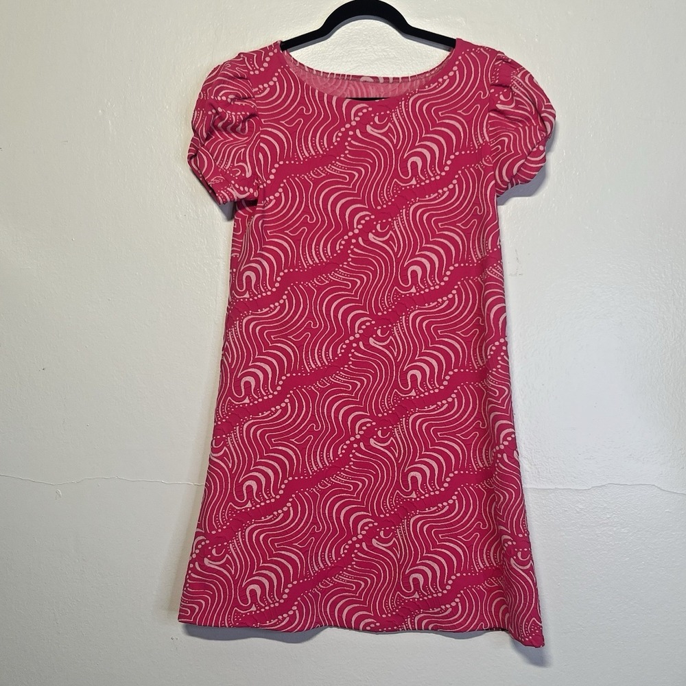 Printed Waves A-Line Mini Dress Sz M Stretch Puff Sleeves Textured 70s Neon Pink